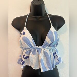 Blanco by Nature Blue & White Cotton Halter Breezy Casual Crop Top